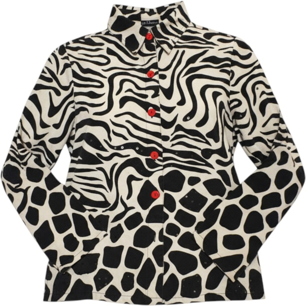 (CL) Gaudy Couture L Animal Print Sequin Overshirt Zebra Giraffe Black White Top